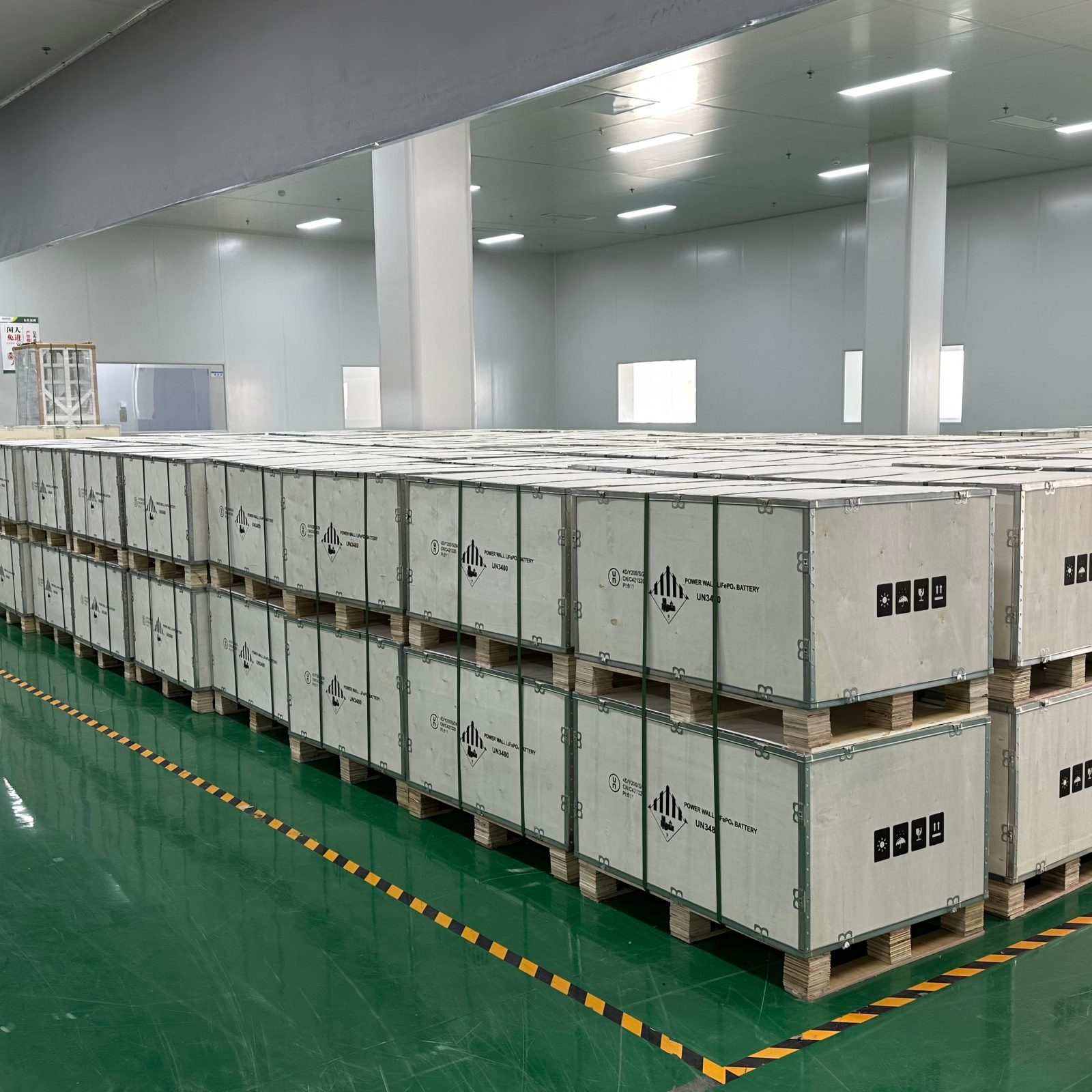 Finished batteries crated and labelled for sea freight